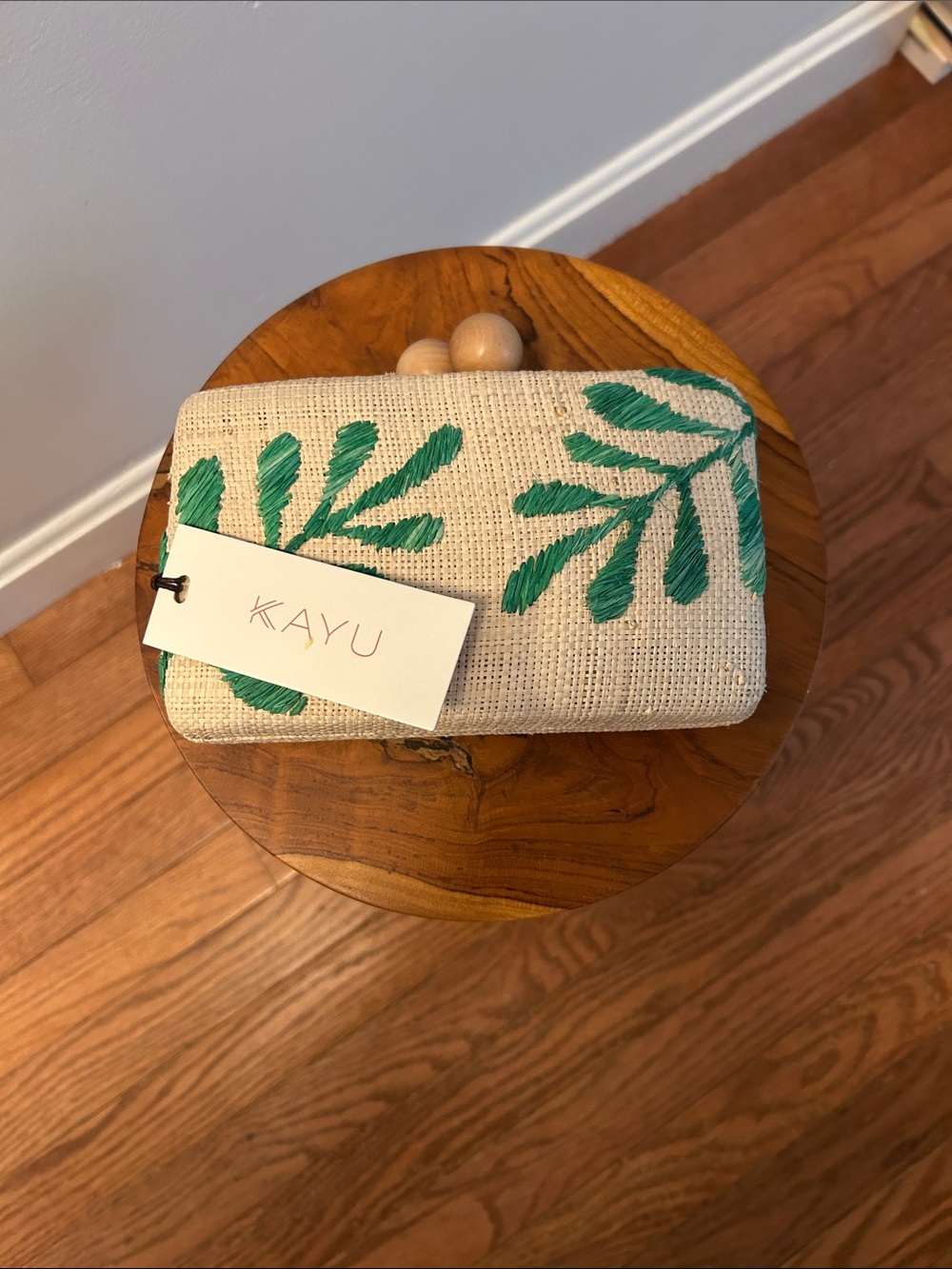 KAYU Natural Straw Mini Clutch with Green Leaf Embroidery